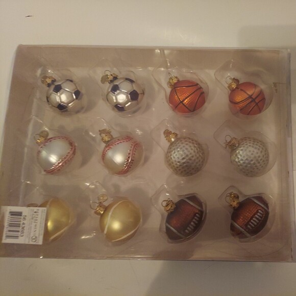 Glass Mini Ornaments Sports Ball Christmas 12 Pc Set Vintage 2" Football Soccer - Picture 2 of 13